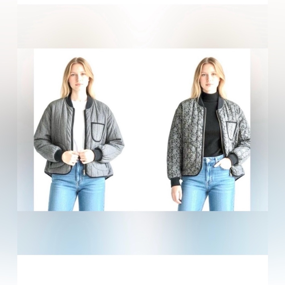 The Great. Reversible Quilted Jacket Cotton Floral/Pinstriped Grey/White Size S